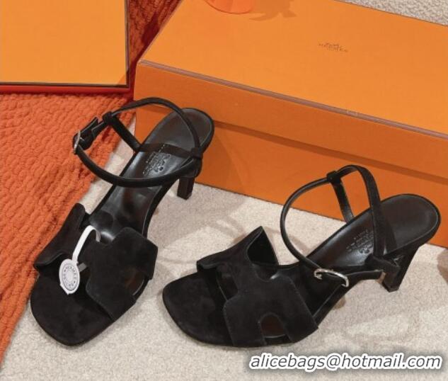 Shop Duplicate Hermes Heden Heel Sandals 8cm in Suede Black 1230126