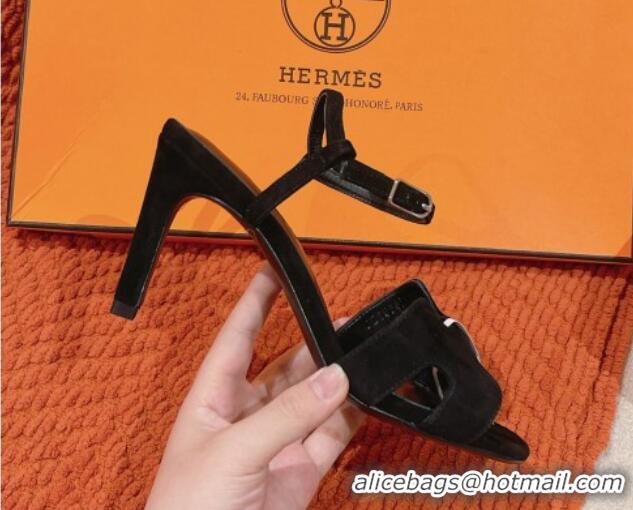 Shop Duplicate Hermes Heden Heel Sandals 8cm in Suede Black 1230126