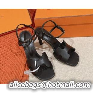 Good Looking Hermes Heden Heel Sandals 8cm in Calfskin Leather Black 1230127