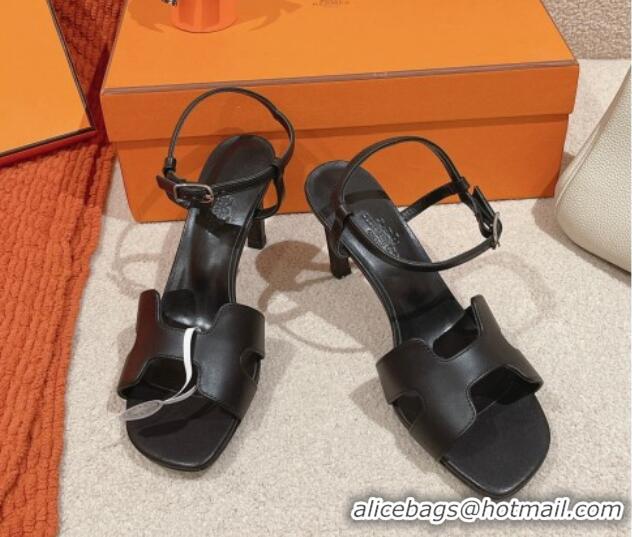 Good Looking Hermes Heden Heel Sandals 8cm in Calfskin Leather Black 1230127