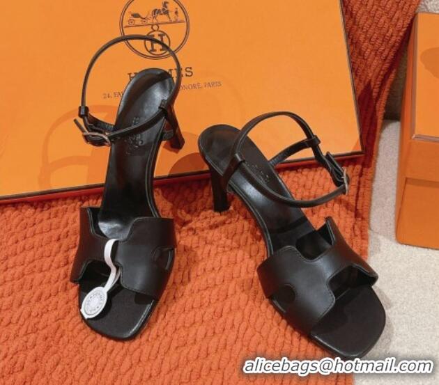 Good Looking Hermes Heden Heel Sandals 8cm in Calfskin Leather Black 1230127