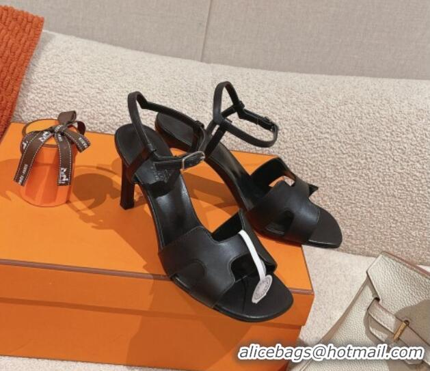 Good Looking Hermes Heden Heel Sandals 8cm in Calfskin Leather Black 1230127