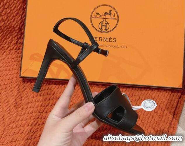 Good Looking Hermes Heden Heel Sandals 8cm in Calfskin Leather Black 1230127