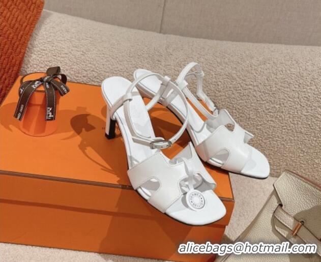 Top Grade Hermes Heden Heel Sandals 8cm in Calfskin Leather White 1230128