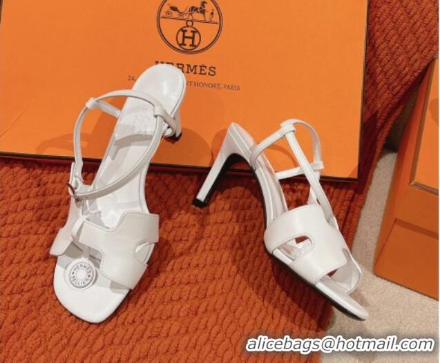 Top Grade Hermes Heden Heel Sandals 8cm in Calfskin Leather White 1230128