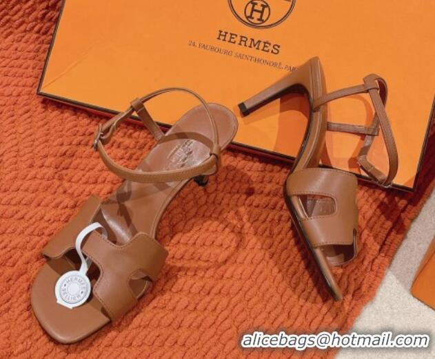 Popular Style Hermes Heden Heel Sandals 8cm in Calfskin Leather Brown 1230129