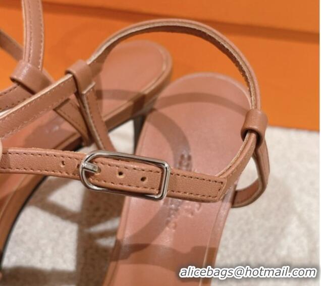 Popular Style Hermes Heden Heel Sandals 8cm in Calfskin Leather Brown 1230129