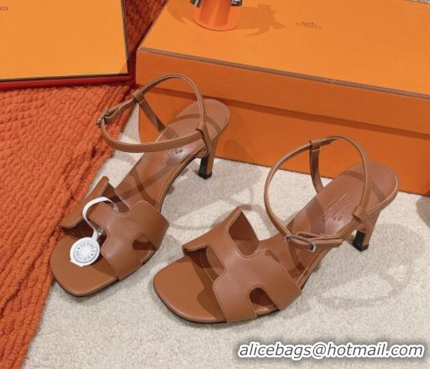 Popular Style Hermes Heden Heel Sandals 8cm in Calfskin Leather Brown 1230129