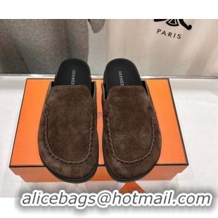 Good Quality Hermes Johan Flat Mules in Suede with Braided Leather Detail Dark Brown 1230130