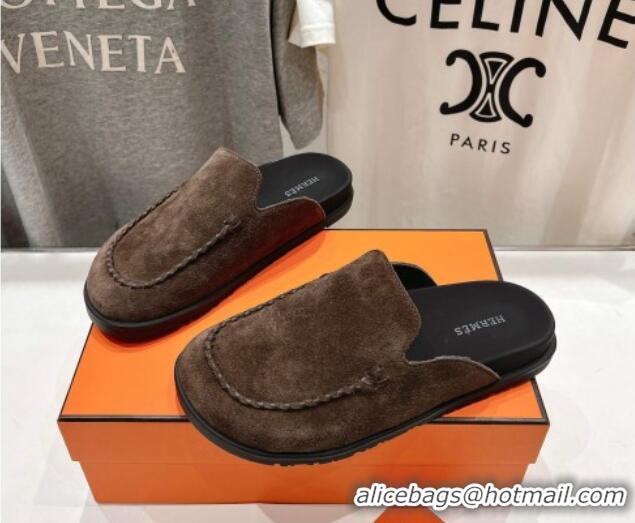 Good Quality Hermes Johan Flat Mules in Suede with Braided Leather Detail Dark Brown 1230130