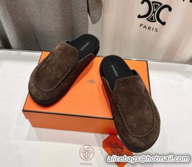 Good Quality Hermes Johan Flat Mules in Suede with Braided Leather Detail Dark Brown 1230130