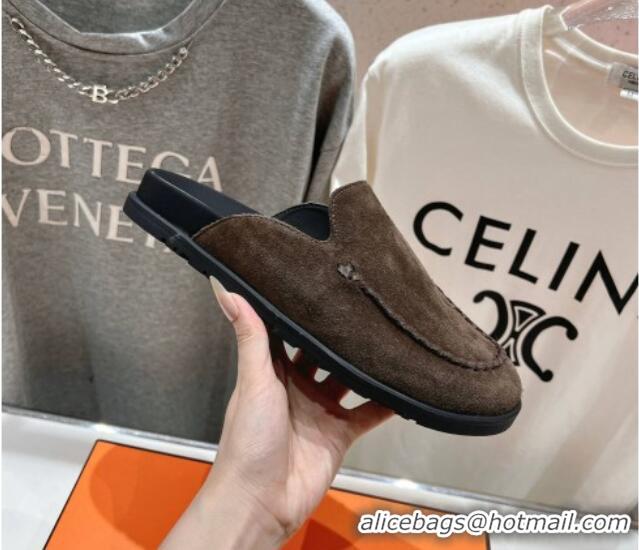 Good Quality Hermes Johan Flat Mules in Suede with Braided Leather Detail Dark Brown 1230130