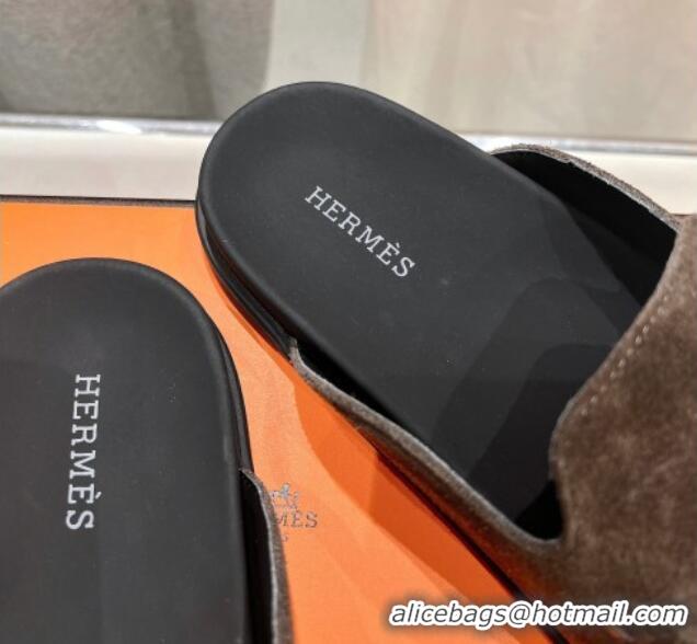 Good Quality Hermes Johan Flat Mules in Suede with Braided Leather Detail Dark Brown 1230130