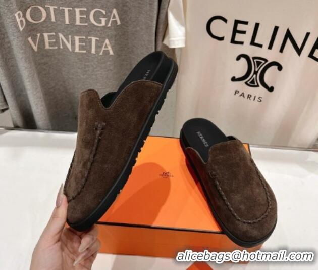 Good Quality Hermes Johan Flat Mules in Suede with Braided Leather Detail Dark Brown 1230130