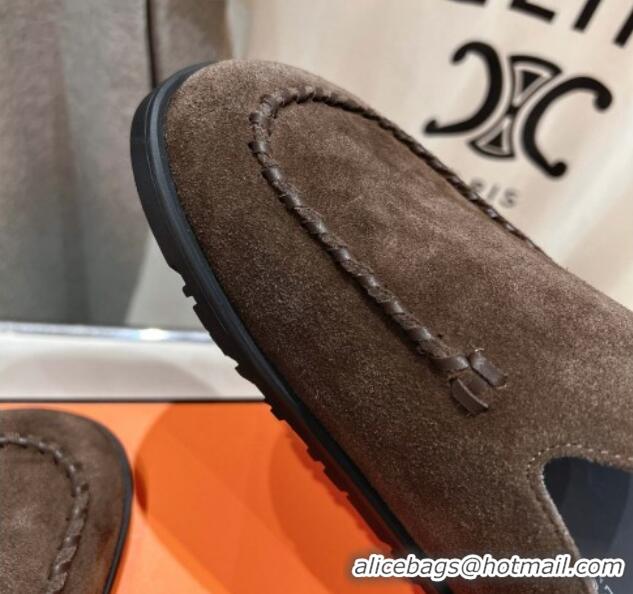 Good Quality Hermes Johan Flat Mules in Suede with Braided Leather Detail Dark Brown 1230130