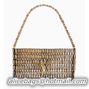 Famous Brand Saint Laurent Crystal-embellished Minaudiere Mini Evening Bag Y8472 Gold