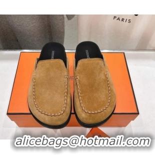 Good Product Hermes Johan Flat Mules in Suede with Braided Leather Detail Light Brown 1230131