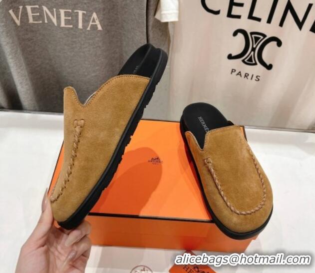 Good Product Hermes Johan Flat Mules in Suede with Braided Leather Detail Light Brown 1230131