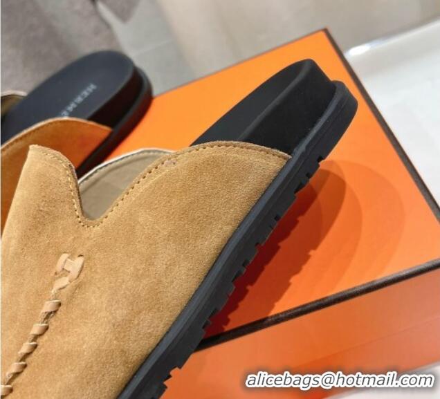 Good Product Hermes Johan Flat Mules in Suede with Braided Leather Detail Light Brown 1230131