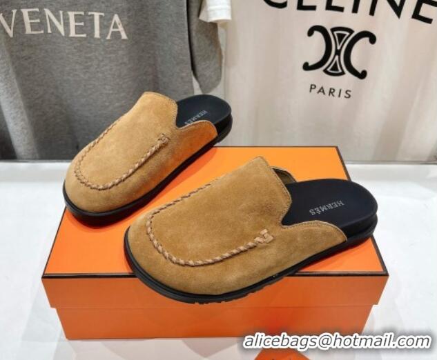 Good Product Hermes Johan Flat Mules in Suede with Braided Leather Detail Light Brown 1230131