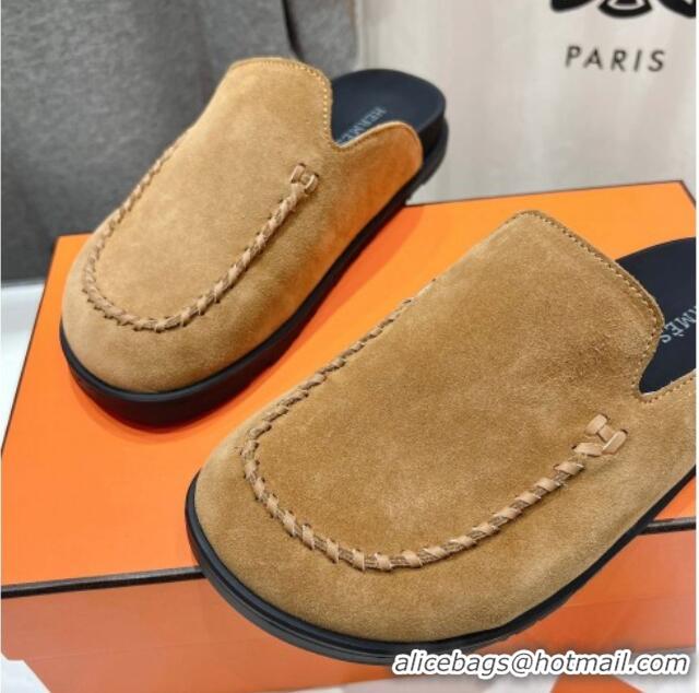 Good Product Hermes Johan Flat Mules in Suede with Braided Leather Detail Light Brown 1230131