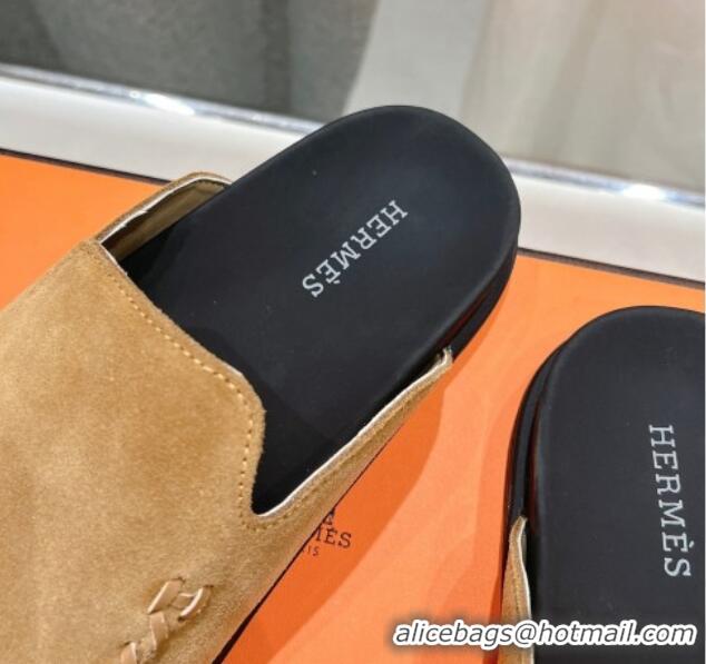 Good Product Hermes Johan Flat Mules in Suede with Braided Leather Detail Light Brown 1230131