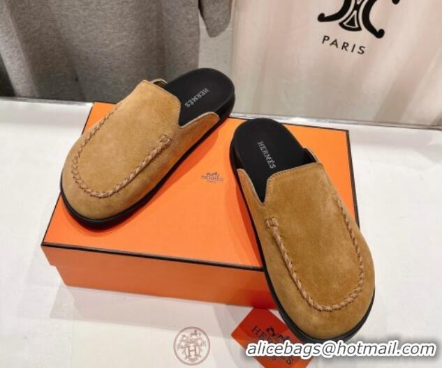 Good Product Hermes Johan Flat Mules in Suede with Braided Leather Detail Light Brown 1230131