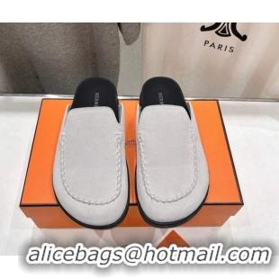 Pretty Style Hermes Johan Flat Mules in Suede with Braided Leather Detail White 1230132