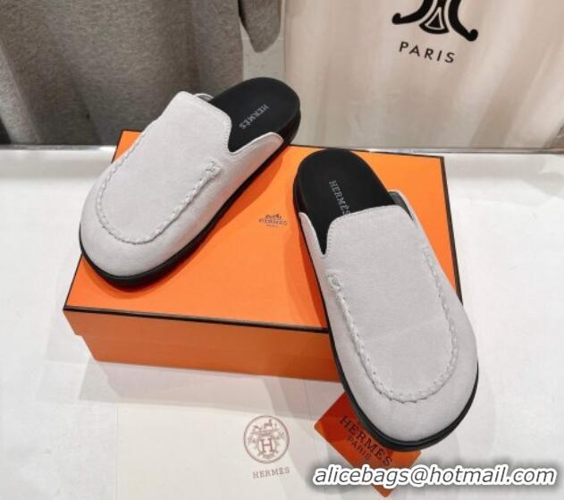 Pretty Style Hermes Johan Flat Mules in Suede with Braided Leather Detail White 1230132