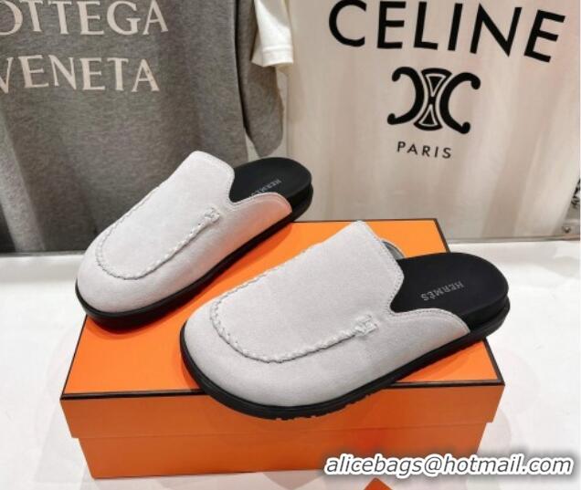 Pretty Style Hermes Johan Flat Mules in Suede with Braided Leather Detail White 1230132