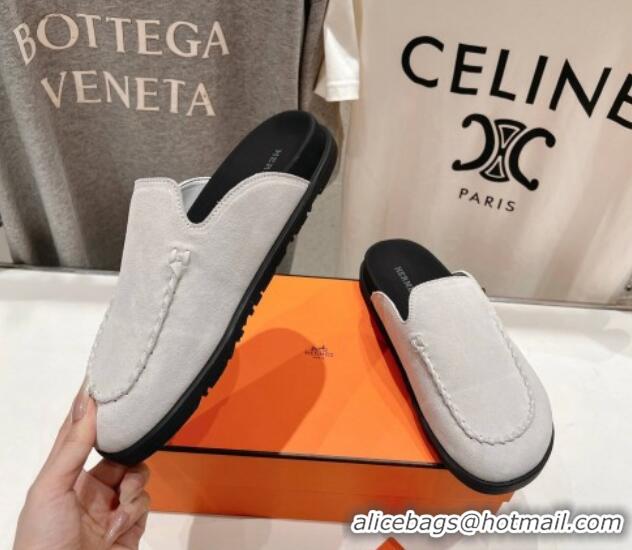 Pretty Style Hermes Johan Flat Mules in Suede with Braided Leather Detail White 1230132