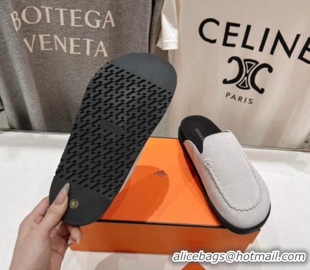 Pretty Style Hermes Johan Flat Mules in Suede with Braided Leather Detail White 1230132