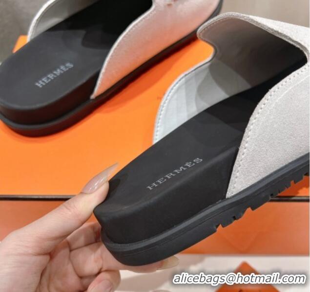 Pretty Style Hermes Johan Flat Mules in Suede with Braided Leather Detail White 1230132