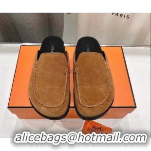 Top Design Hermes Johan Flat Mules in Suede with Braided Leather Detail Brown 1230133