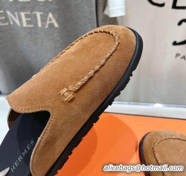 Top Design Hermes Johan Flat Mules in Suede with Braided Leather Detail Brown 1230133