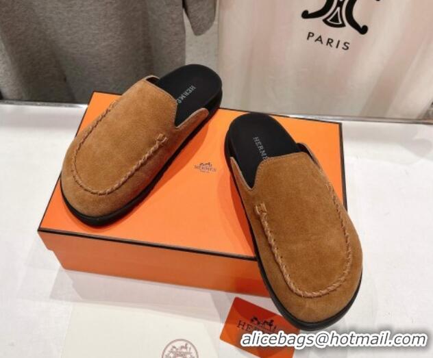 Top Design Hermes Johan Flat Mules in Suede with Braided Leather Detail Brown 1230133