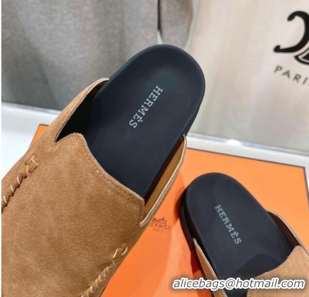 Top Design Hermes Johan Flat Mules in Suede with Braided Leather Detail Brown 1230133