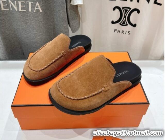 Top Design Hermes Johan Flat Mules in Suede with Braided Leather Detail Brown 1230133