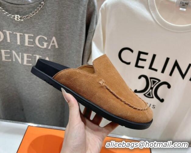 Top Design Hermes Johan Flat Mules in Suede with Braided Leather Detail Brown 1230133