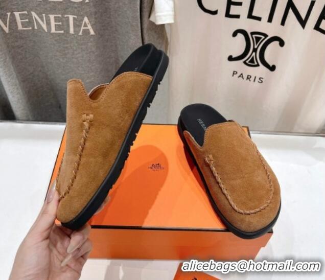 Top Design Hermes Johan Flat Mules in Suede with Braided Leather Detail Brown 1230133