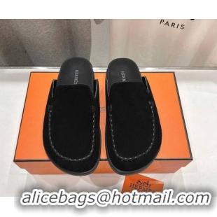 Cheap Price Hermes Johan Flat Mules in Suede with Braided Leather Detail Black 1230134