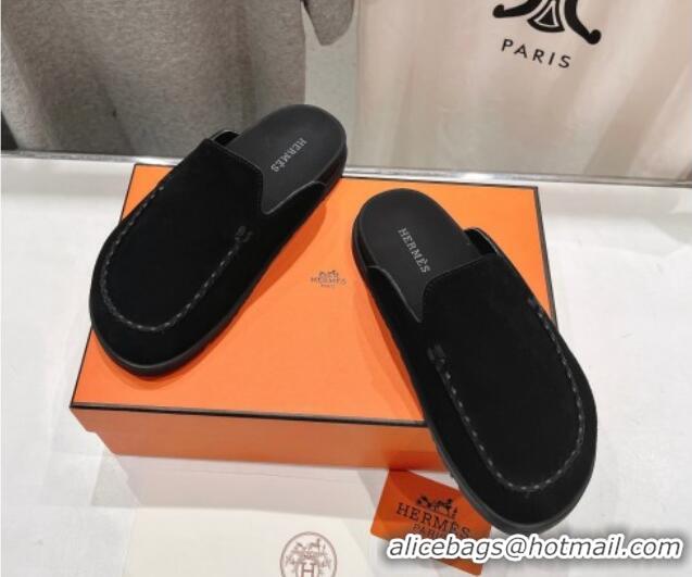 Cheap Price Hermes Johan Flat Mules in Suede with Braided Leather Detail Black 1230134