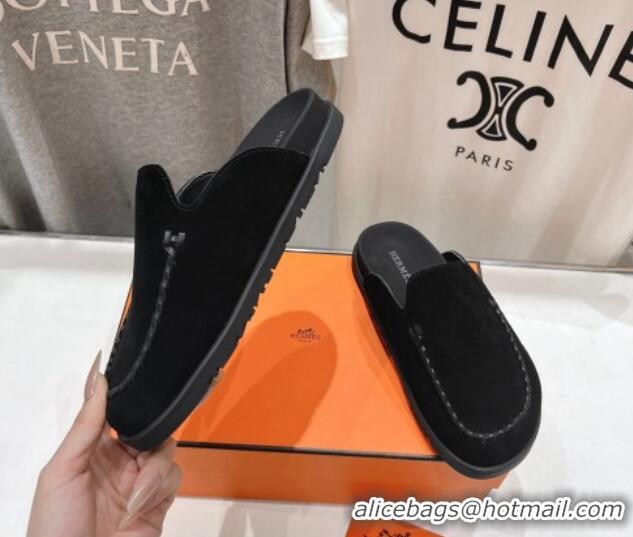 Cheap Price Hermes Johan Flat Mules in Suede with Braided Leather Detail Black 1230134