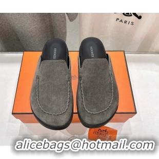 Duplicate Hermes Johan Flat Mules in Suede with Braided Leather Detail Dark Grey 1230135