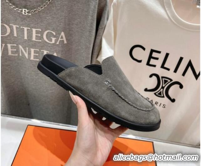 Duplicate Hermes Johan Flat Mules in Suede with Braided Leather Detail Dark Grey 1230135