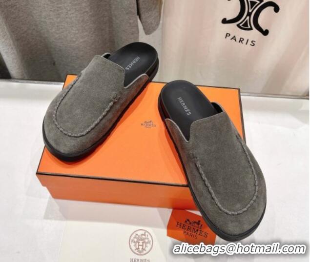 Duplicate Hermes Johan Flat Mules in Suede with Braided Leather Detail Dark Grey 1230135