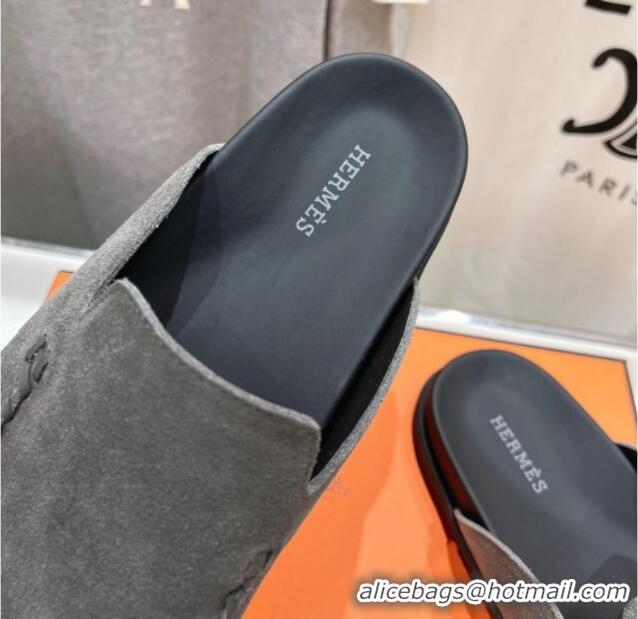 Duplicate Hermes Johan Flat Mules in Suede with Braided Leather Detail Dark Grey 1230135