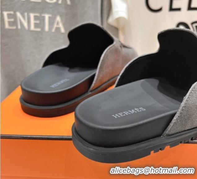 Duplicate Hermes Johan Flat Mules in Suede with Braided Leather Detail Dark Grey 1230135