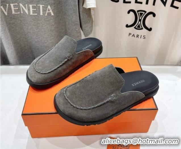 Duplicate Hermes Johan Flat Mules in Suede with Braided Leather Detail Dark Grey 1230135