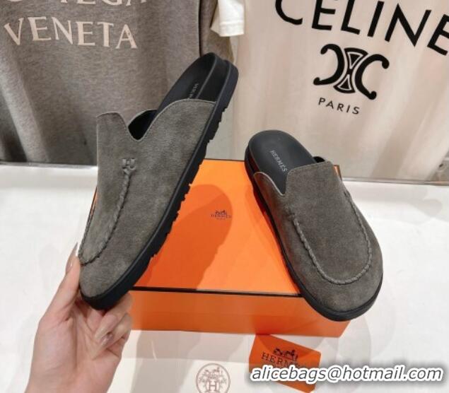 Duplicate Hermes Johan Flat Mules in Suede with Braided Leather Detail Dark Grey 1230135